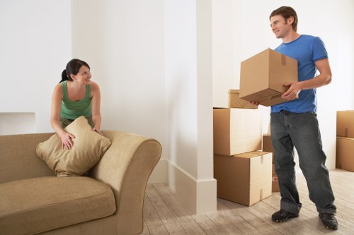 Shoreditch moving day preparation with labeled boxes and furniture