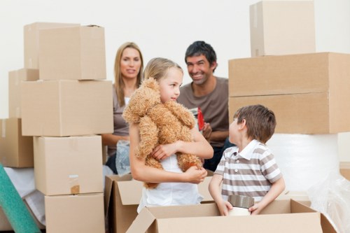 Mover handling packed boxes and furniture during a relocation